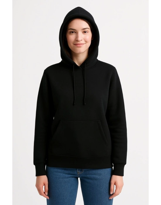 Kadın Üç İplik Kapüşonlu Kanguru Cepli Sweatshirt hoodie - Siyah
