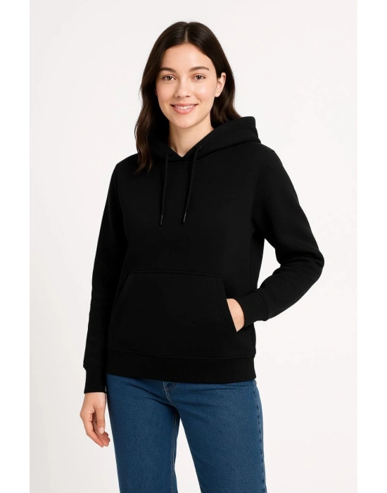 Kadın Üç İplik Kapüşonlu Kanguru Cepli Sweatshirt hoodie - Siyah