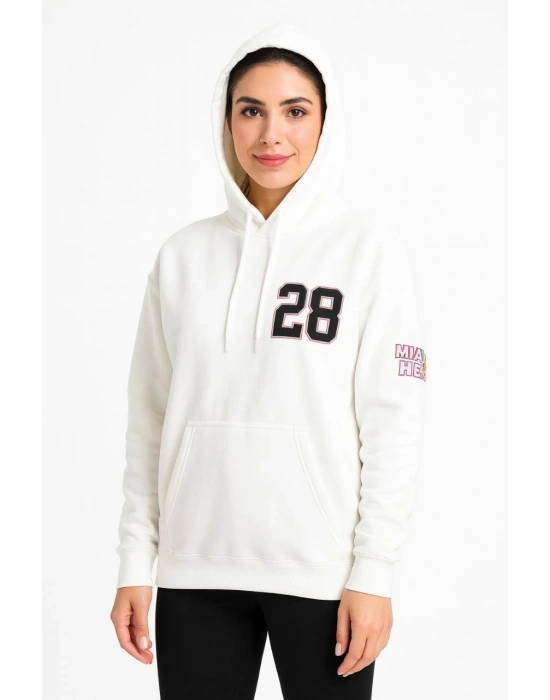 Kadın Üç İplik Kapüşonlu Ön ve Arka Baskılı SweatShirt hoodie - Beyaz