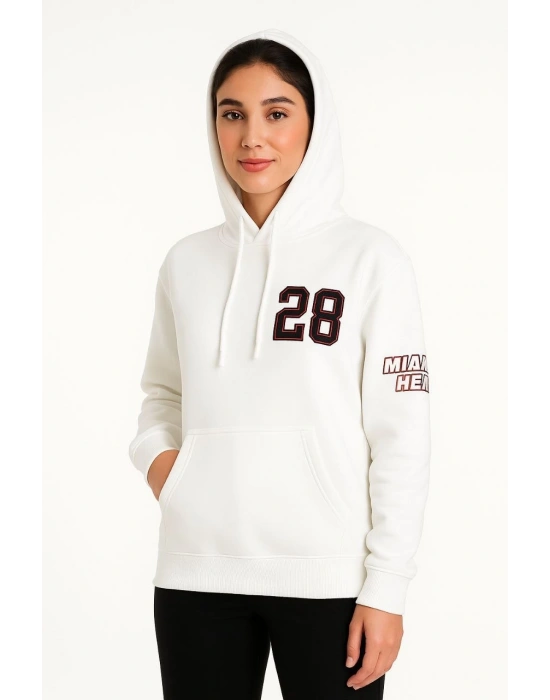 Kadın Üç İplik Kapüşonlu Ön ve Arka Baskılı SweatShirt hoodie - Beyaz