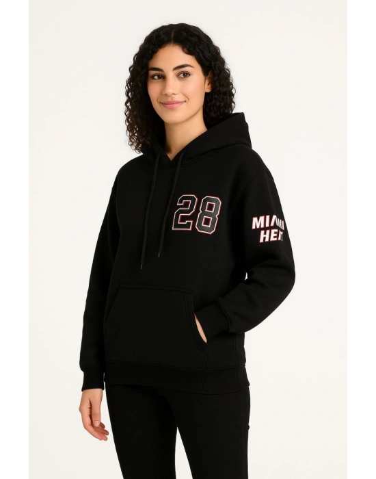 Kadın Üç İplik Kapüşonlu Ön ve Arka Baskılı SweatShirt hoodie - Siyah