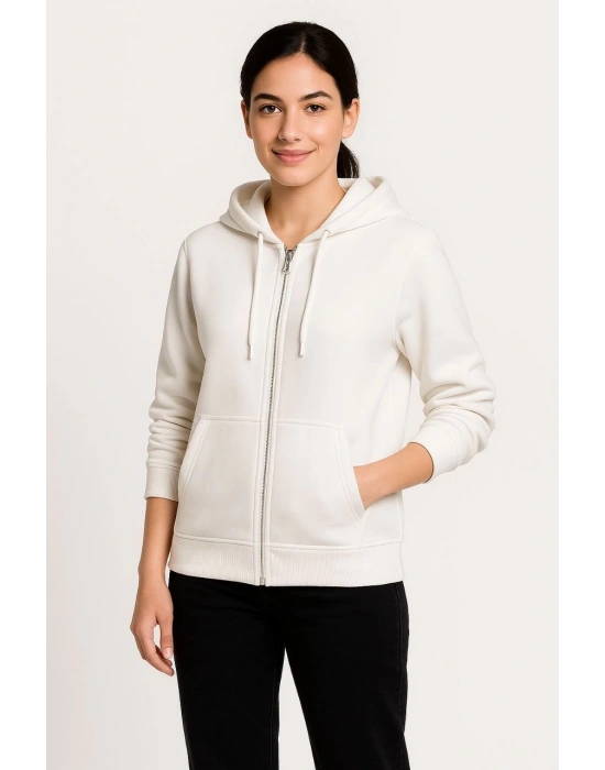 Kadın Üç İplik Kapüşonlu Tam Fermuarlı Kanguru Çepli SweatShirt Hoodie - Beyaz
