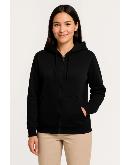 Kadın Üç İplik Kapüşonlu Tam Fermuarlı Kanguru Çepli SweatShirt Hoodie - Siyah