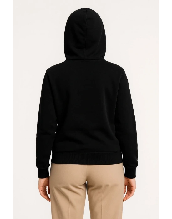 Kadın Üç İplik Kapüşonlu Tam Fermuarlı Kanguru Çepli SweatShirt Hoodie - Siyah