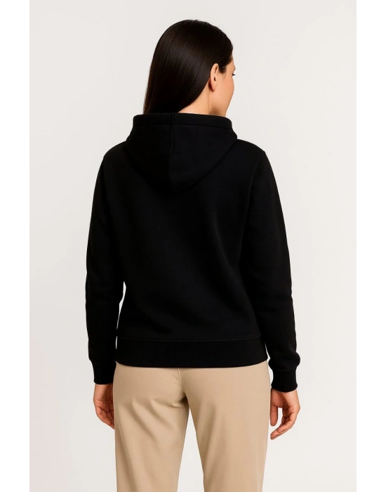 Kadın Üç İplik Kapüşonlu Tam Fermuarlı Kanguru Çepli SweatShirt Hoodie - Siyah