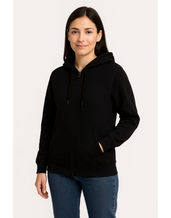 Kadın Üç İplik Kapüşonlu Tam Fermuarlı Kanguru Çepli SweatShirt Hoodie - Siyah