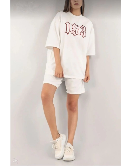 Kadın Unisex Nakış İşlemeli Şort Takım - Beyaz