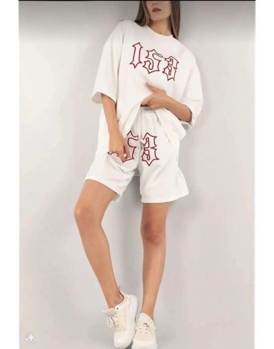 Kadın Unisex Nakış İşlemeli Şort Takım - Beyaz