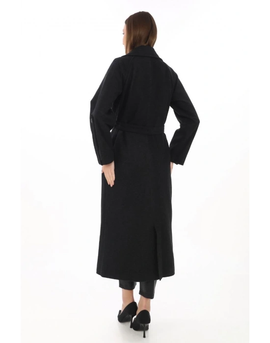 Kadın Uzun Kaşe Kaban – Yünlü Dokuma Kaşmir Kumaş, Kruvaze Yaka, Kuşaklı Astarlı Tesettür Uyumlu Şık Kışlık Siyah Model - Siyah