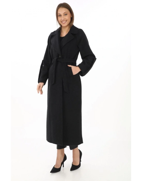 Kadın Uzun Kaşe Kaban – Yünlü Dokuma Kaşmir Kumaş, Kruvaze Yaka, Kuşaklı Astarlı Tesettür Uyumlu Şık Kışlık Siyah Model - Siyah