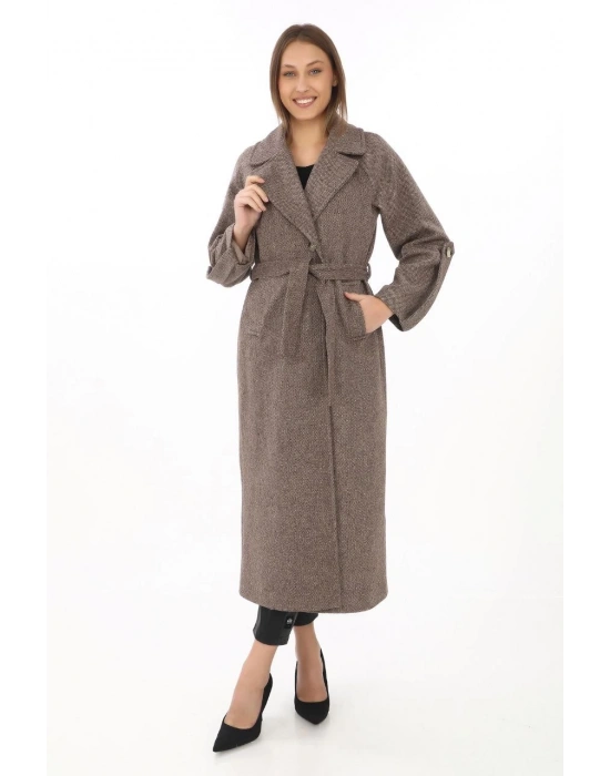 Kadın Uzun Kaşe Kaban – Yünlü Dokuma Kaşmir Kumaş, Kruvaze Yaka, Kuşaklı Astarlı Tesettür Uyumlu Şık Kışlık Siyah Model- Vizon