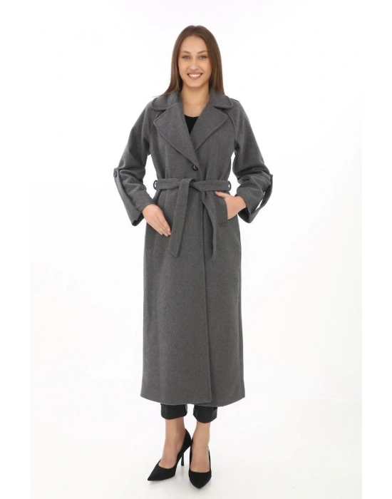 Kadın Uzun Kaşe Kaban – Yünlü Dokuma Kaşmir Kumaş, Kruvaze Yaka, Kuşaklı Astarlı Tesettür Uyumlu Şık Kışlık Siyah Model - Füme