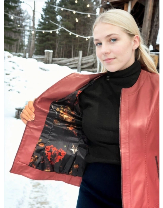 Kadın Uzun Kollu Deri Ceket - Bordo