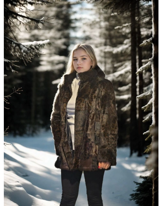 Kadın Uzun Kollu Deri Ceket - Leopar