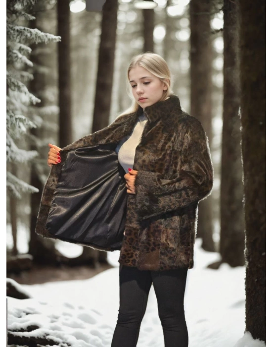 Kadın Uzun Kollu Deri Ceket - Leopar