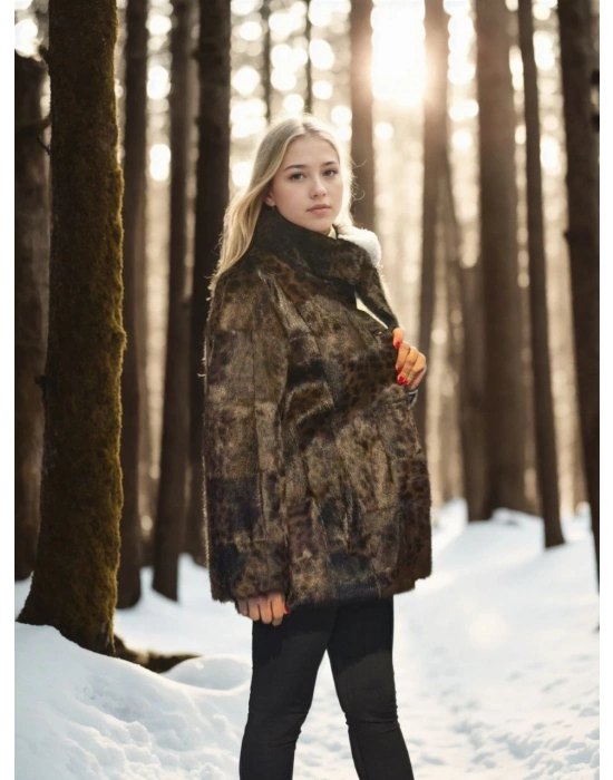 Kadın Uzun Kollu Deri Ceket - Leopar