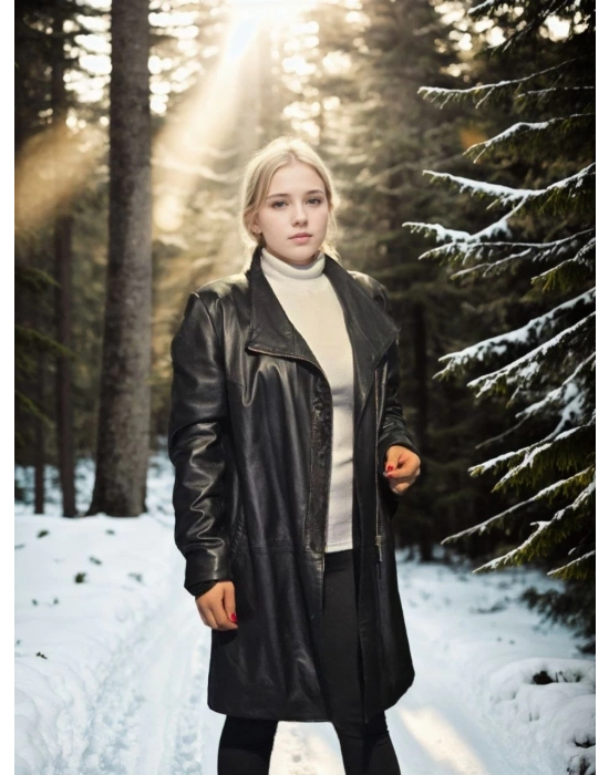 Kadın Uzun Kollu Hakiki Deri Ceket - Siyah