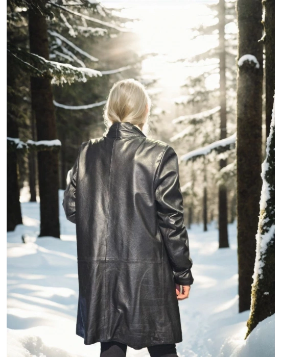 Kadın Uzun Kollu Hakiki Deri Ceket - Siyah