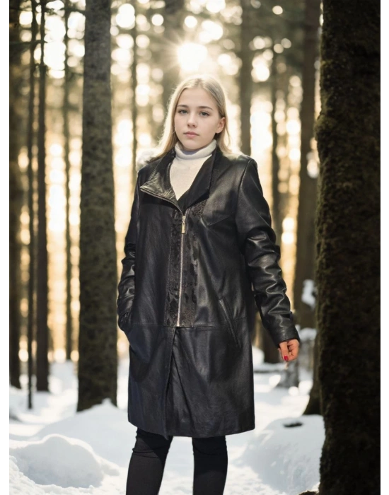 Kadın Uzun Kollu Hakiki Deri Ceket - Siyah