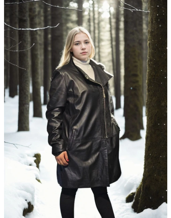 Kadın Uzun Kollu Hakiki Deri Ceket - Siyah