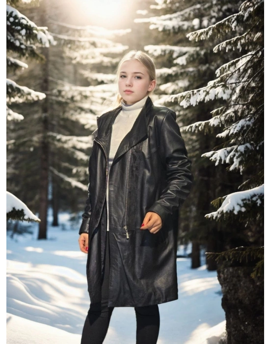 Kadın Uzun Kollu Hakiki Deri Ceket - Siyah