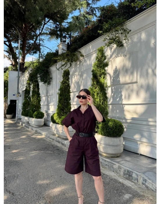 Kadın Yakalı Gömlek Kemerli Şortlu Takım - Bordo