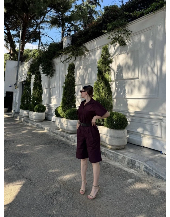 Kadın Yakalı Gömlek Kemerli Şortlu Takım - Bordo