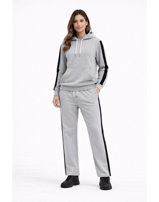 KADIN Yandan Şeritli Eşofman Takım Kapüşonlu Sweatshirt Boru Paça Alt, Oversize 3 iplik Pamuklu - Gri