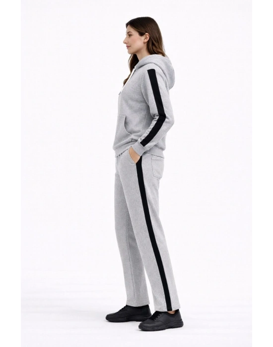 KADIN Yandan Şeritli Eşofman Takım Kapüşonlu Sweatshirt Boru Paça Alt, Oversize 3 iplik Pamuklu - Gri