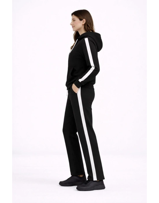 KADIN Yandan Şeritli Eşofman Takım Kapüşonlu Sweatshirt Boru Paça Alt, Oversize 3 iplik Pamuklu - Siyah