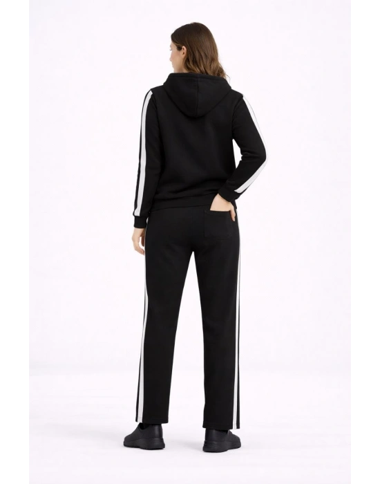 KADIN Yandan Şeritli Eşofman Takım Kapüşonlu Sweatshirt Boru Paça Alt, Oversize 3 iplik Pamuklu - Siyah