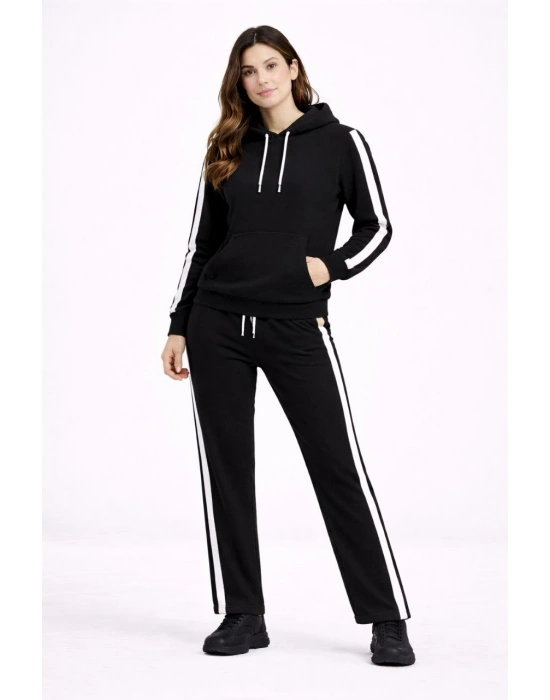 KADIN Yandan Şeritli Eşofman Takım Kapüşonlu Sweatshirt Boru Paça Alt, Oversize 3 iplik Pamuklu - Siyah
