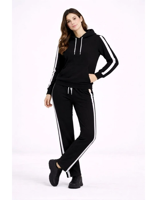 KADIN Yandan Şeritli Eşofman Takım Kapüşonlu Sweatshirt Boru Paça Alt, Oversize 3 iplik Pamuklu - Siyah