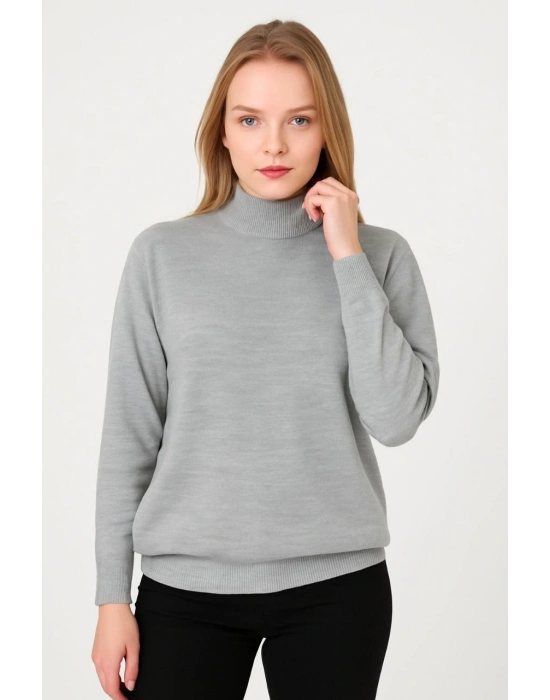 Kadın Yarım Boğaz Triko Kazak yumuşak dokulu Pamuklu ince Dokuma, uzun kollu Rahat Regular kalıp - Gri