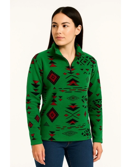Kadın Yarım Fermuarlı Desenli Polar Sweat Tribal Etnik Desen Yakalı, Uzun Kollu, Oversize Rahat Kalıp - Yeşil