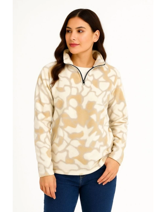 KADIN Yarım Fermuarlı Desenli Polar Sweat Yakalı, Uzun Kollu, Oversize Rahat Kalıp - Bej