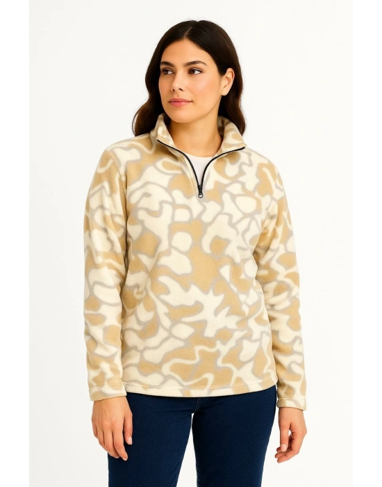 KADIN Yarım Fermuarlı Desenli Polar Sweat Yakalı, Uzun Kollu, Oversize Rahat Kalıp - Bej