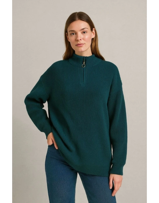 KADIN Yarım Fermuarlı Triko Kazak – Selanik Örgü, Dik Yaka, Pamuklu Dokuma, Oversize Uzun Kollu Kışlık Model - Haki