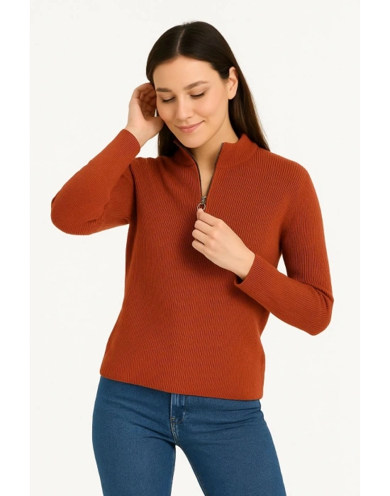 KADIN Yarım Fermuarlı Triko Kazak – Selanik Örgü, Dik Yaka, Pamuklu Dokuma, Oversize Uzun Kollu Kışlık Model - Kiremit