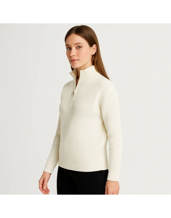 KADIN Yarım Fermuarlı Triko Kazak – Selanik Örgü, Dik Yaka, Pamuklu Dokuma, Oversize Uzun Kollu Kışlık Model - Beyaz