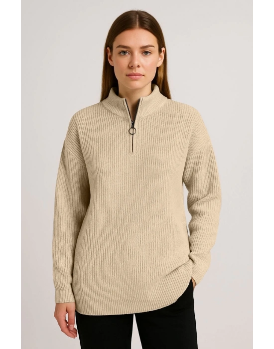 KADIN Yarım Fermuarlı Triko Kazak – Selanik Örgü, Dik Yaka, Pamuklu Dokuma, Oversize Uzun Kollu Kışlık Model - Bej