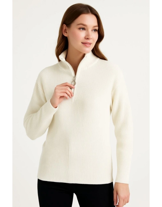 KADIN Yarım Fermuarlı Triko Kazak – Selanik Örgü, Dik Yaka, Pamuklu Dokuma, Oversize Uzun Kollu Kışlık Model - Beyaz