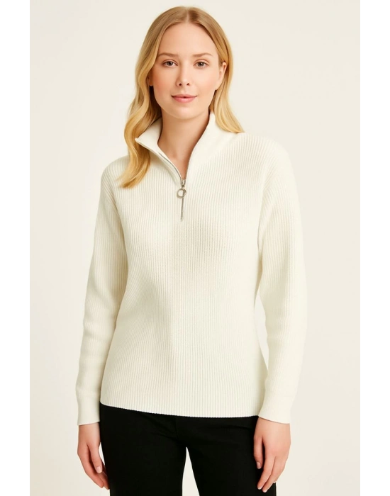 KADIN Yarım Fermuarlı Triko Kazak – Selanik Örgü, Dik Yaka, Pamuklu Dokuma, Oversize Uzun Kollu Kışlık Model - Beyaz