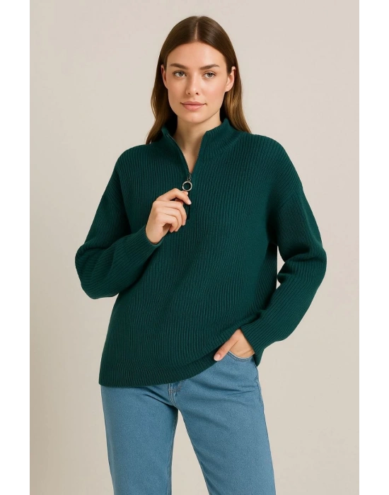 KADIN Yarım Fermuarlı Triko Kazak – Selanik Örgü, Dik Yaka, Pamuklu Dokuma, Oversize Uzun Kollu Kışlık Model - Haki