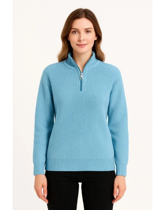 Erkek Yarım Fermuarlı Triko Kazak – Selanik Örgü, Dik Yaka, Pamuklu Dokuma, Regular Fit Uzun Kollu Kışlık Model - Mint Yeşili