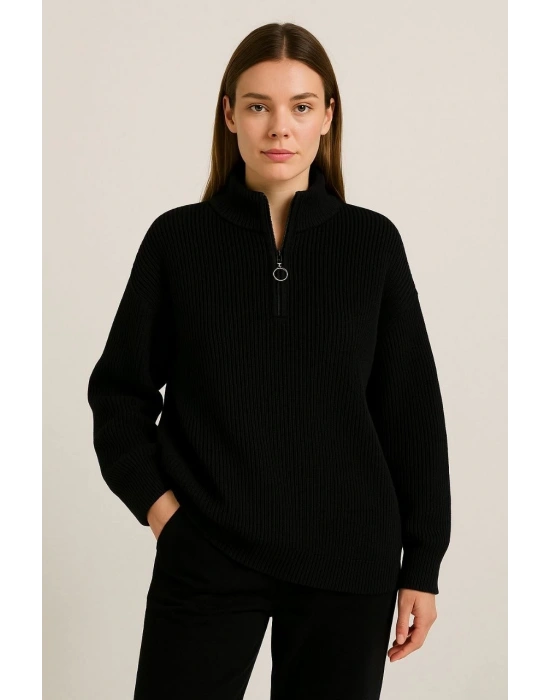KADIN Yarım Fermuarlı Triko Kazak – Selanik Örgü, Dik Yaka, Pamuklu Dokuma, Oversize Uzun Kollu Kışlık Model - Siyah