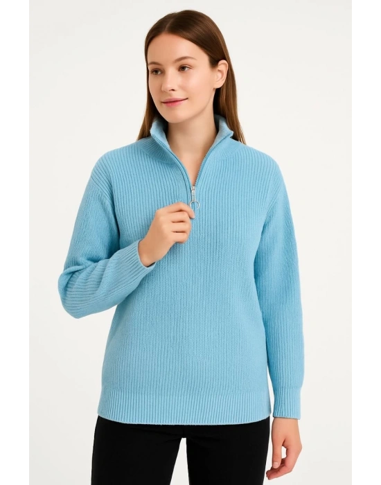 Erkek Yarım Fermuarlı Triko Kazak – Selanik Örgü, Dik Yaka, Pamuklu Dokuma, Regular Fit Uzun Kollu Kışlık Model - Mint Yeşili