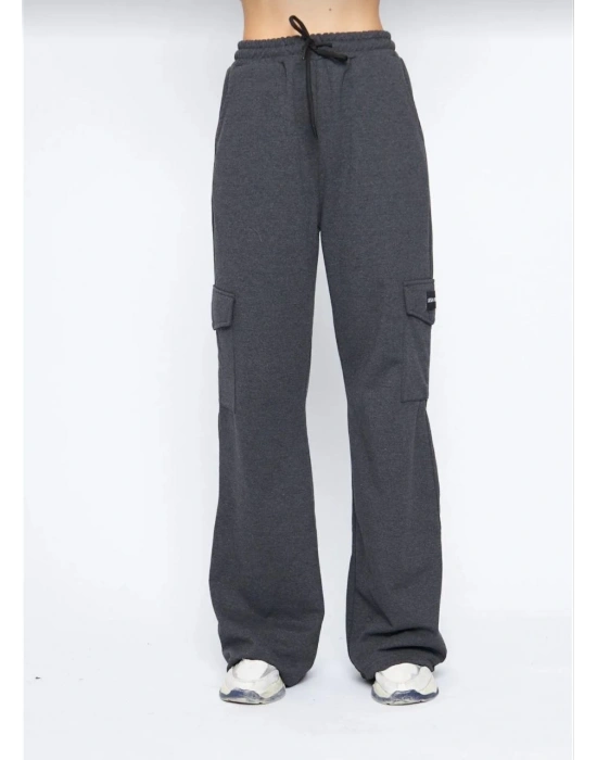Kadın Yüksek Bel Kargo Cepli Palazzo Pantolon Oversize Bol Paça İki İplik Rahat Kesim - Antrasit