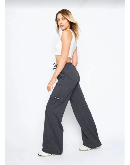 Kadın Yüksek Bel Kargo Cepli Palazzo Pantolon Oversize Bol Paça İki İplik Rahat Kesim - Antrasit