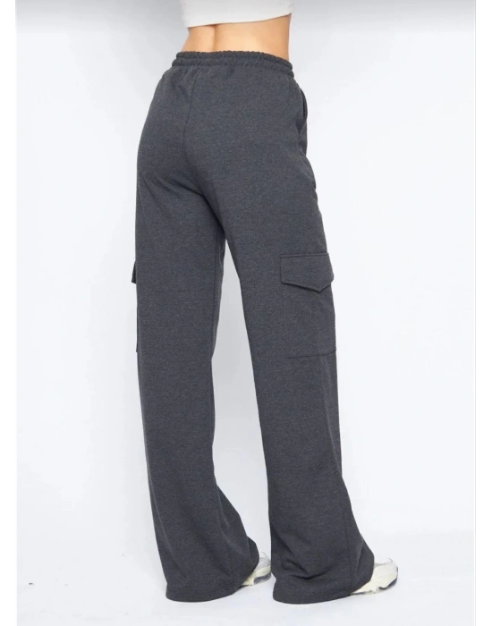 Kadın Yüksek Bel Kargo Cepli Palazzo Pantolon Oversize Bol Paça İki İplik Rahat Kesim - Antrasit